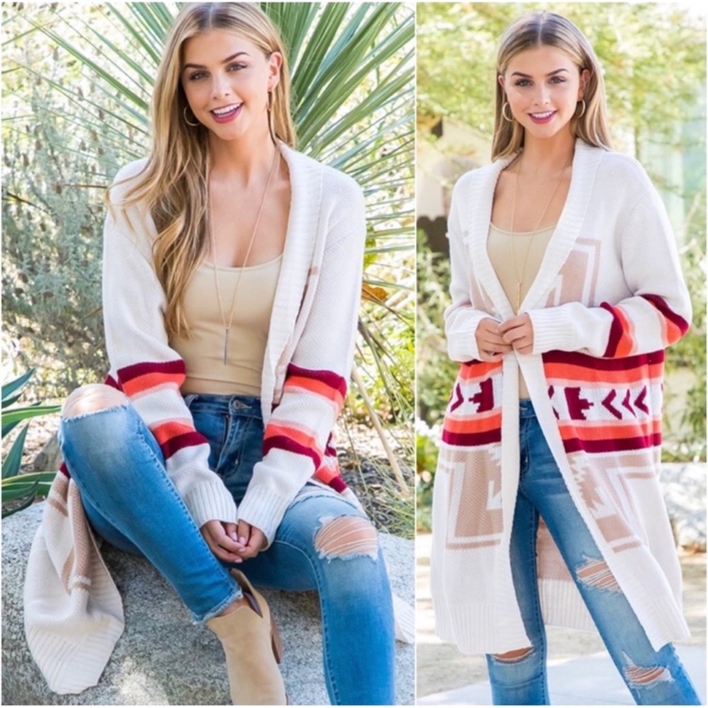 🍁New Women’s Fall Trend Aztec Print Fall Colors Knee Length Cardigan Sweater - Picture 3 of 5